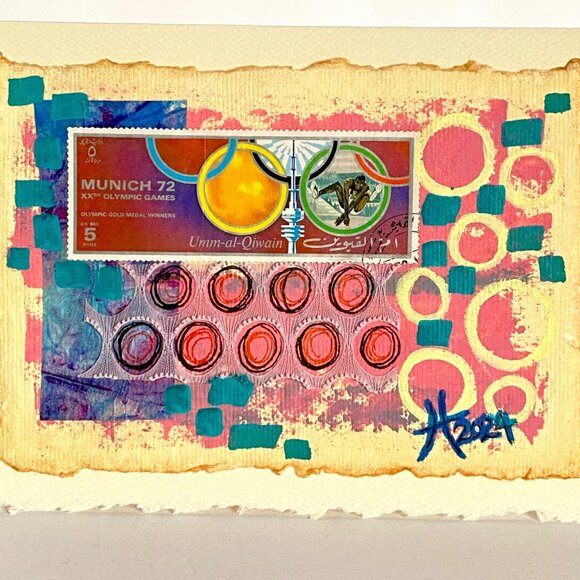 Collage Art Handmade Original Blank Greeting Card and Envelope Vintage Postage - Picture 1 of 5